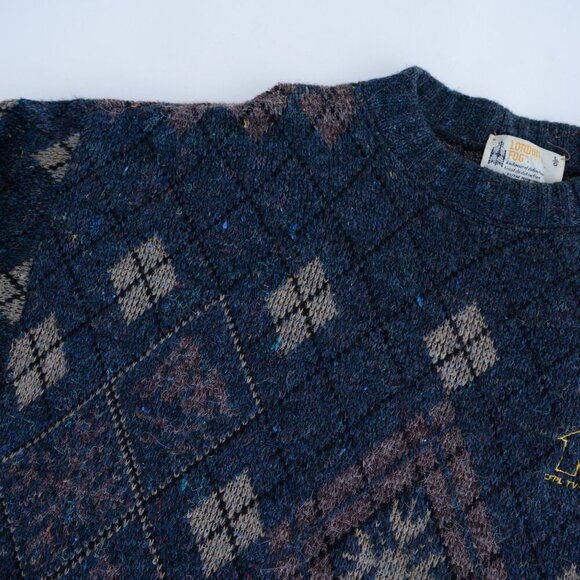 VTG 80s London Fog Blue Taupe Argyle Eclectic Grandpa Wool Crew Neck Sweater L - Picture 6 of 10